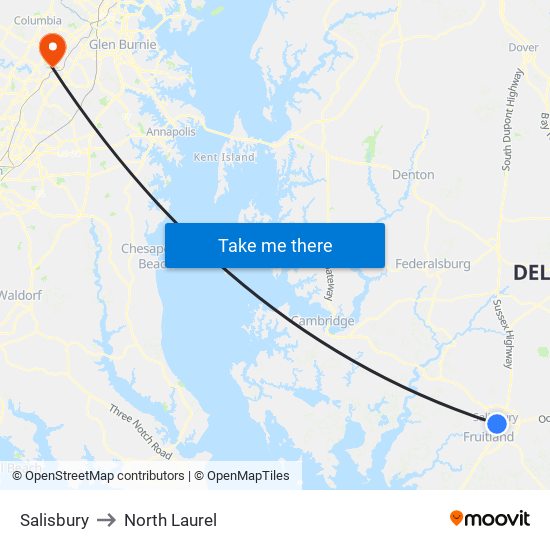 Salisbury to North Laurel map