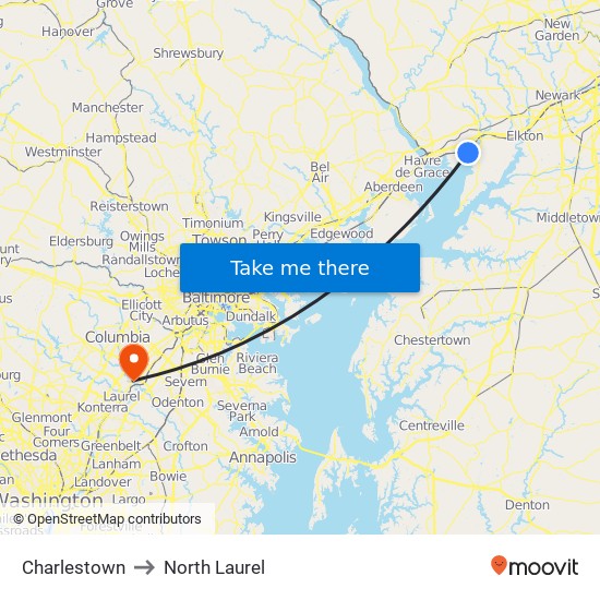 Charlestown to North Laurel map