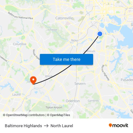 Baltimore Highlands to North Laurel map