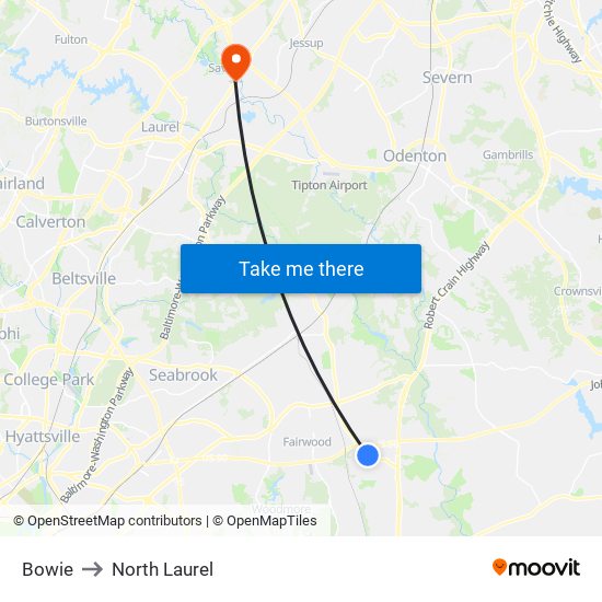 Bowie to North Laurel map