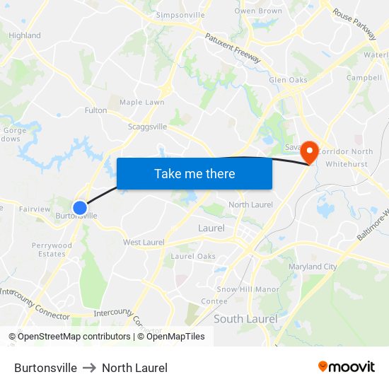 Burtonsville to North Laurel map