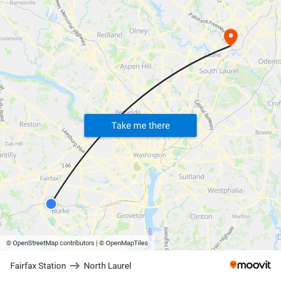 Fairfax Station to North Laurel map