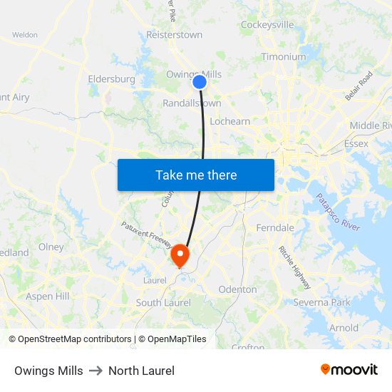 Owings Mills to North Laurel map