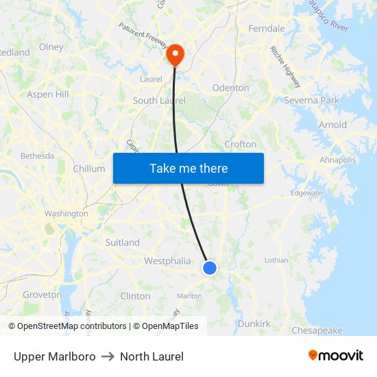 Upper Marlboro to North Laurel map