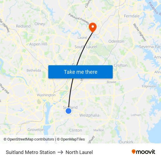 Suitland Metro Station to North Laurel map