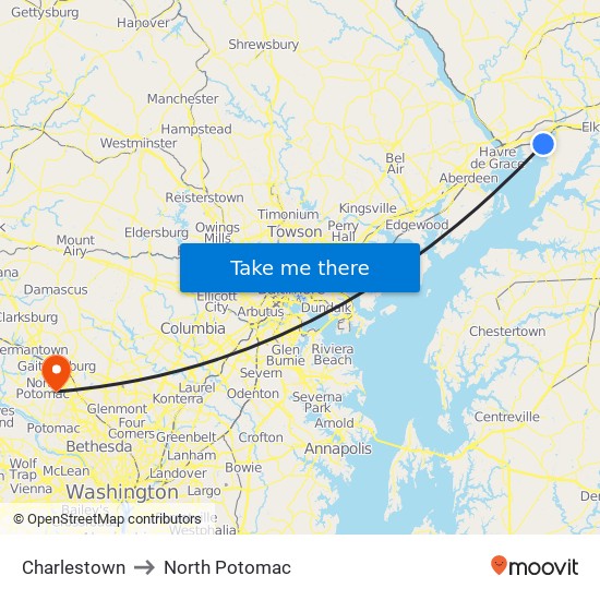 Charlestown to North Potomac map