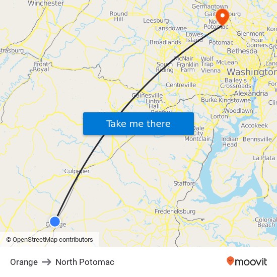 Orange to North Potomac map