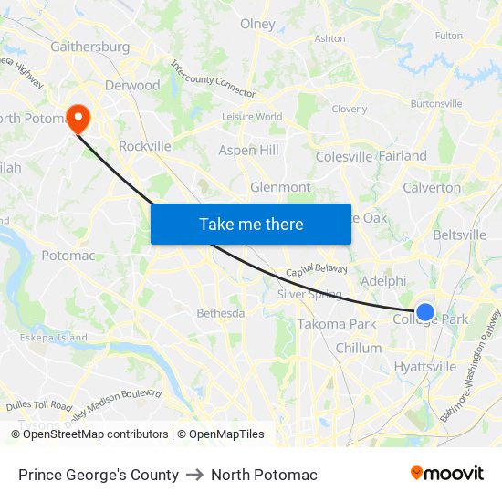 Prince George's County to North Potomac map