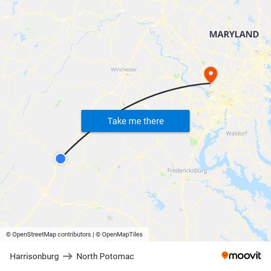 Harrisonburg to North Potomac map