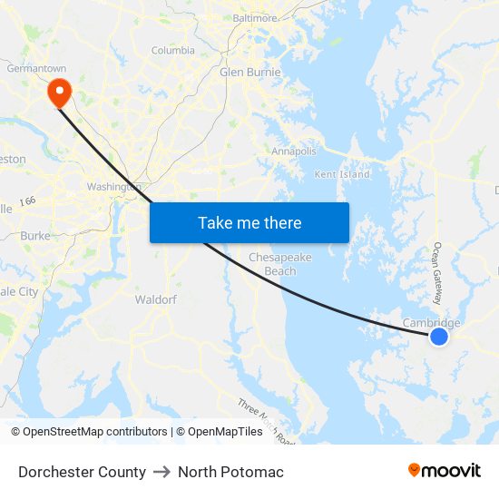 Dorchester County to North Potomac map