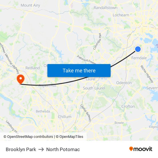 Brooklyn Park to North Potomac map