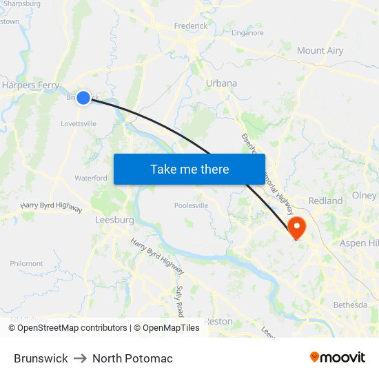 Brunswick to North Potomac map