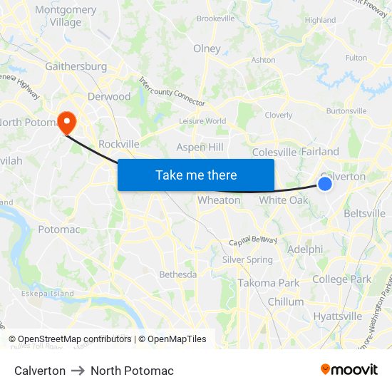 Calverton to North Potomac map