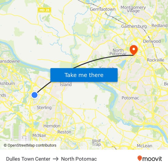 Dulles Town Center to North Potomac map