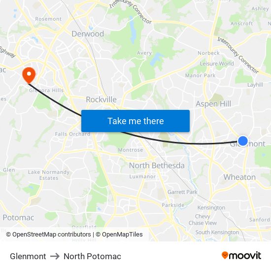 Glenmont to North Potomac map