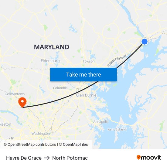 Havre De Grace to North Potomac map