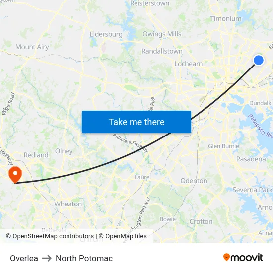Overlea to North Potomac map