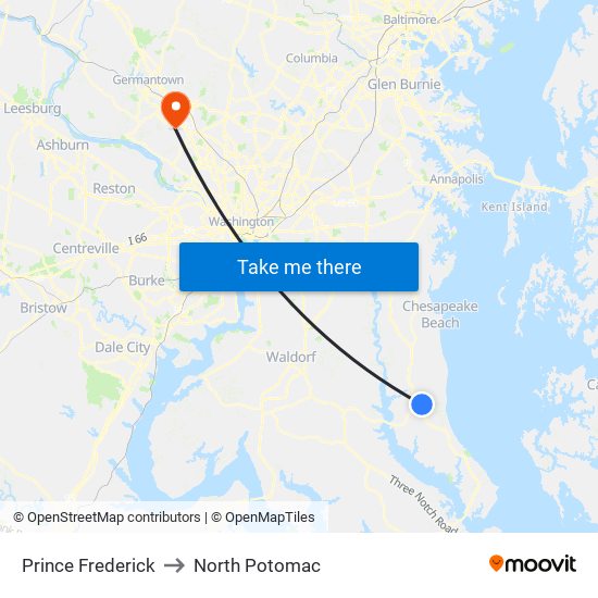 Prince Frederick to North Potomac map