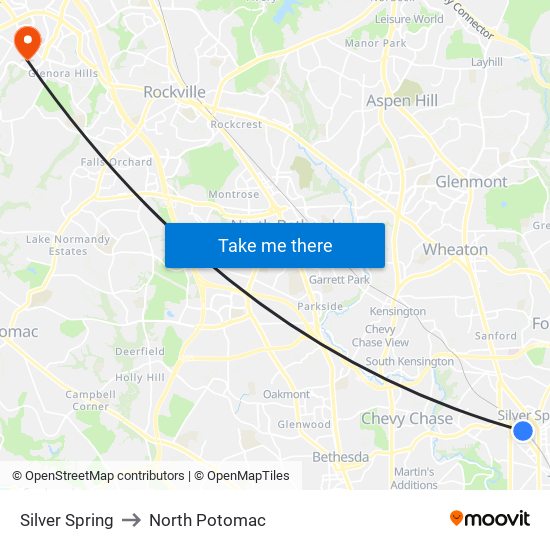 Silver Spring to North Potomac map