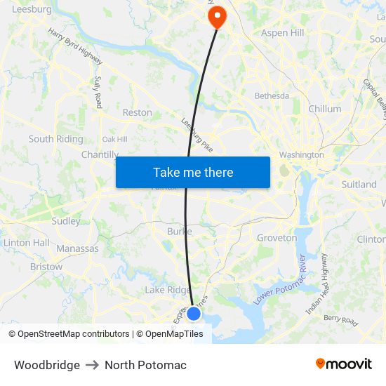 Woodbridge to North Potomac map