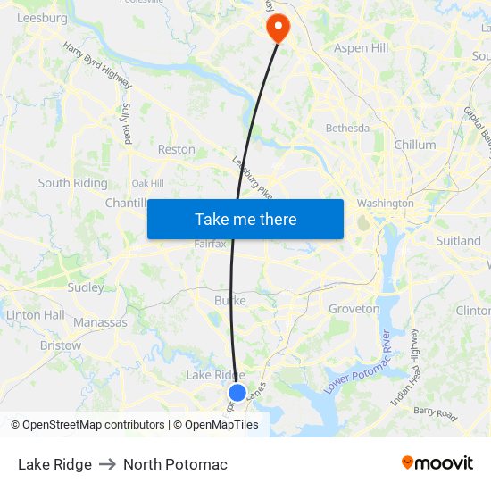 Lake Ridge to North Potomac map