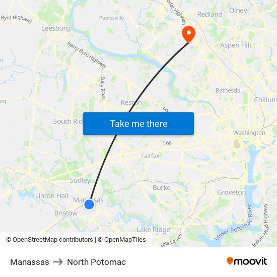 Manassas to North Potomac map