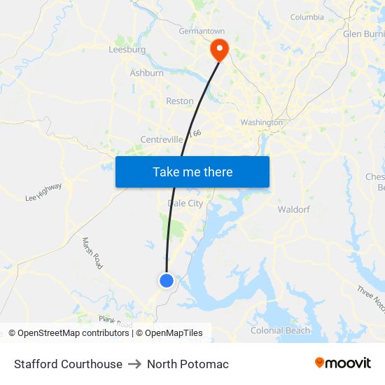 Stafford Courthouse to North Potomac map