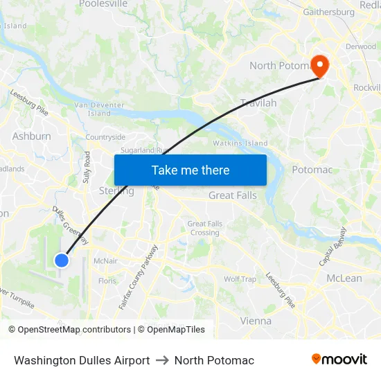 Washington Dulles Airport to North Potomac map