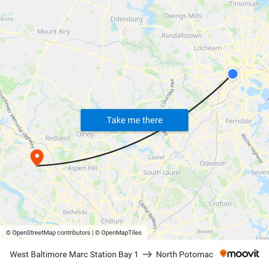 West Baltimore Marc Station Bay 1 to North Potomac map