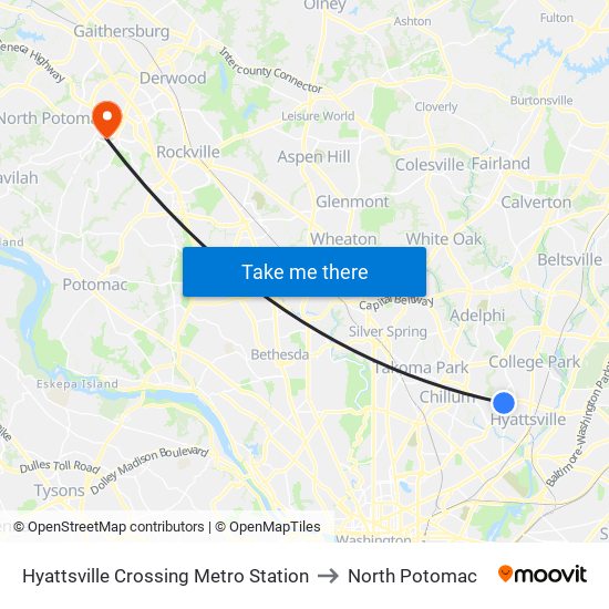 Hyattsville Crossing Metro Station to North Potomac map