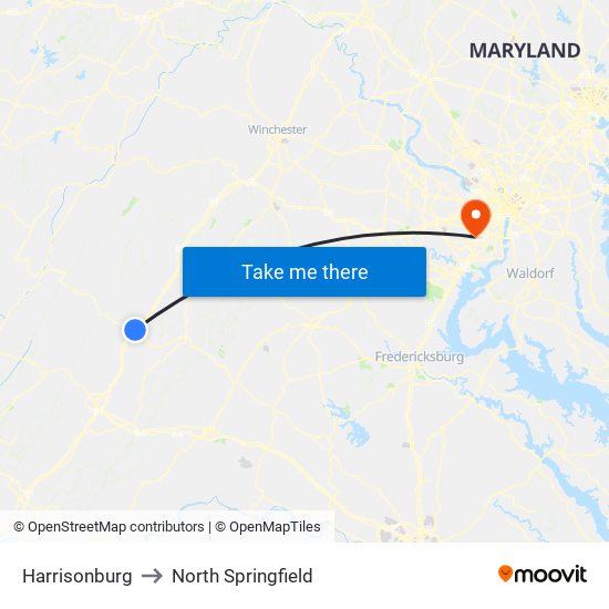 Harrisonburg to North Springfield map