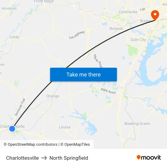 Charlottesville to North Springfield map