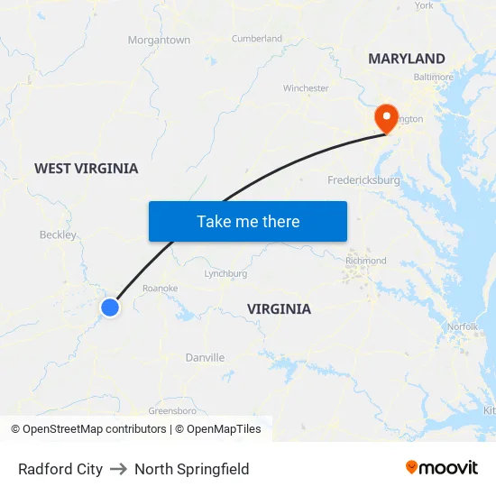 Radford City to North Springfield map