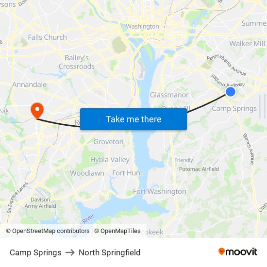 Camp Springs to North Springfield map