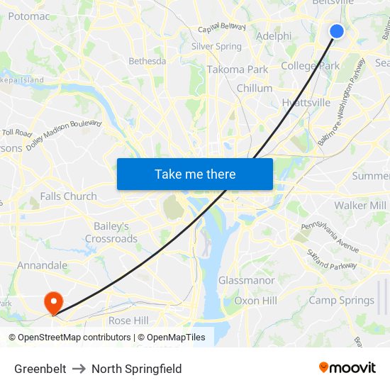 Greenbelt to North Springfield map