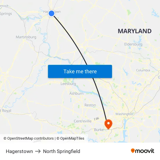 Hagerstown to North Springfield map