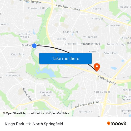 Kings Park to North Springfield map