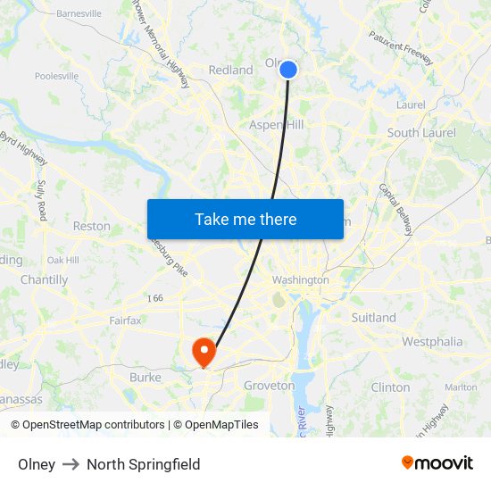 Olney to North Springfield map