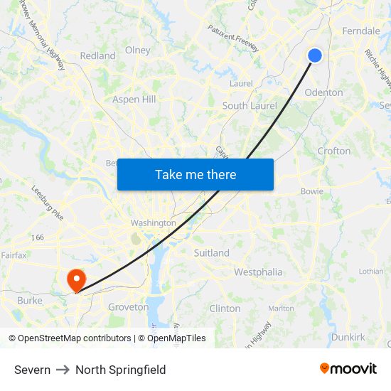 Severn to North Springfield map