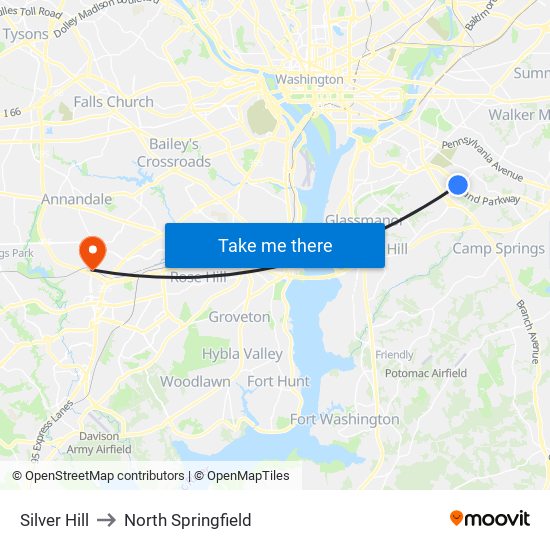 Silver Hill to North Springfield map