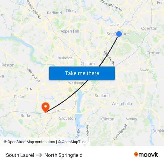 South Laurel to North Springfield map