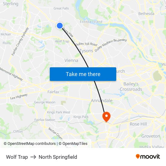 Wolf Trap to North Springfield map