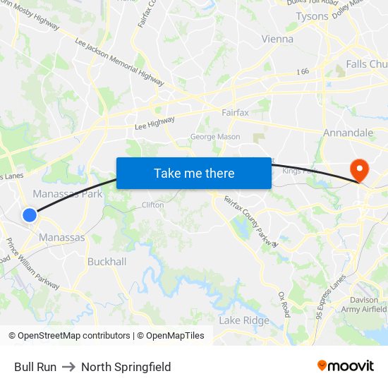 Bull Run to North Springfield map