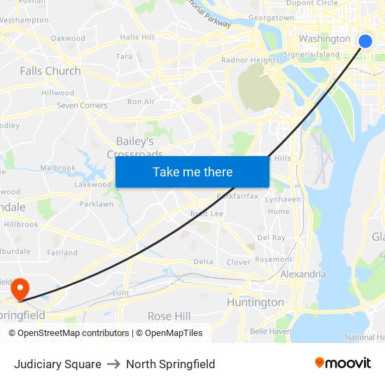 Judiciary Square to North Springfield map