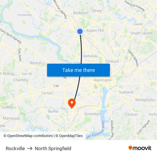 Rockville to North Springfield map