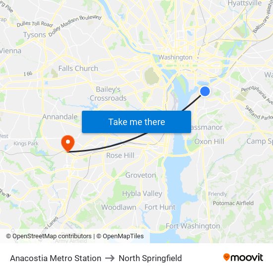 Anacostia Metro Station to North Springfield map