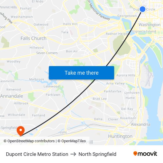 Dupont Circle Metro Station to North Springfield map