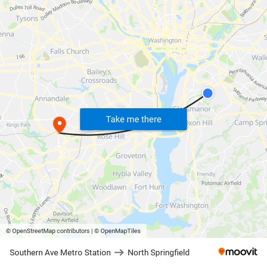 Southern Ave Metro Station to North Springfield map