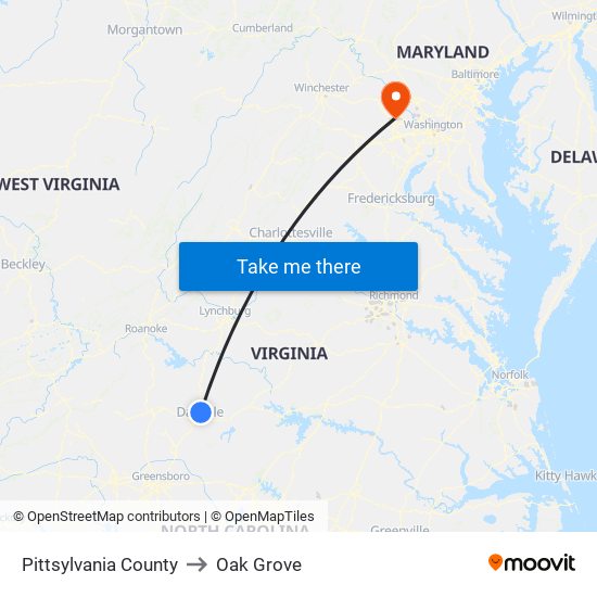 Pittsylvania County to Oak Grove map