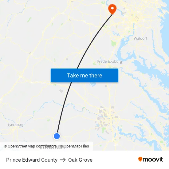 Prince Edward County to Oak Grove map
